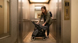 A one-hand fold from birth pushchair for city use shown inside a small residential lift in an apartment block