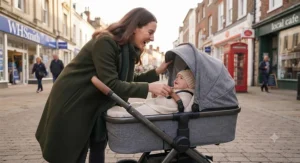 Mother interacting with her baby in the parent-facing mode of the best carrycot pushchair on a high street