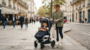 A parent-facing from birth pushchair being wheeled along a busy British pavement by a smiling parent