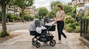 Pram for newborn twins featuring twin carrycots facing towards the parent during a walk