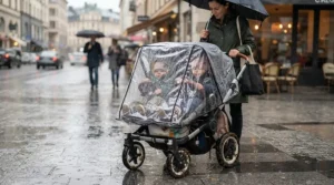 Pram for newborn twins fitted with a clear waterproof rain cover during a light shower