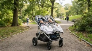 Side-by-side pram for newborn twins parked near a London playground on a sunny afternoon