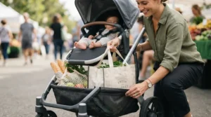 Checking the storage basket capacity on a pushchair £100 to £300 while shopping.