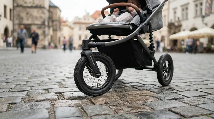 Demonstrating wheel suspension on a pushchair £100 to £300 over cobblestones.
