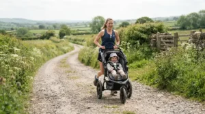 Testing a three-wheel pushchair £100 to £300 on gravel paths in the countryside.