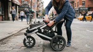 Close-up demonstration of the fold on a pushchair for older child outside a local corner shop.