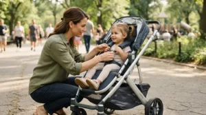 Adjusting the safety straps on a pushchair for older child before crossing a zebra crossing.