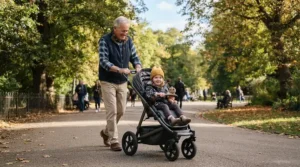 An elderly relative pushing a sturdy pushchair for older child along a gravel path in a British park.