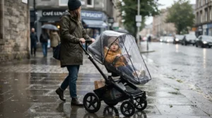 A pushchair for older child fitted with a clear rain cover during a typical British drizzle.