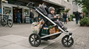 The spacious under-seat basket of a pushchair for older child piled high with grocery bags.