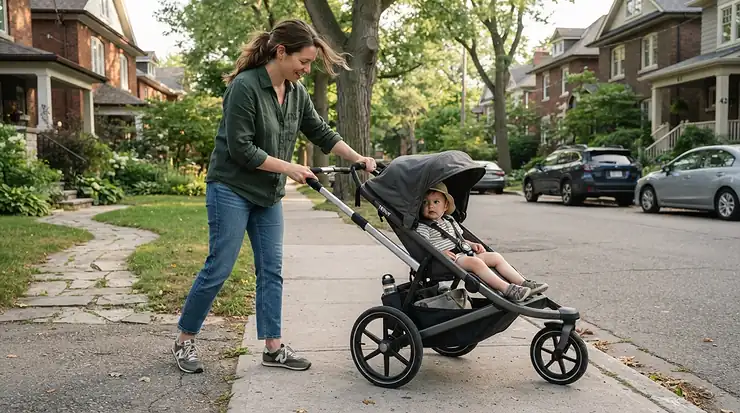 A tall parent adjusting the handlebar height on a durable pushchair high weight limit