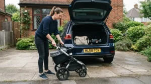 A parent folding a pushchair high weight limit to load it into a family car boot