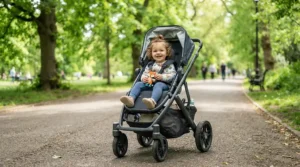 A sturdy pushchair high weight limit carrying a large toddler during a sunny afternoon walk in a local park