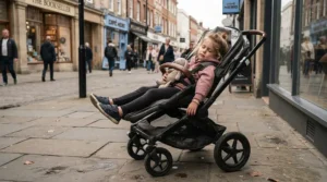 An older child sitting comfortably in a pushchair high weight limit with high maximum user weight capacity