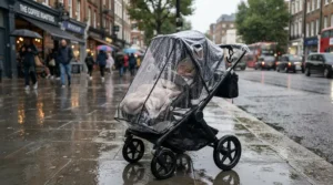 A pushchair high weight limit fitted with a clear weather shield on a busy rainy pavement