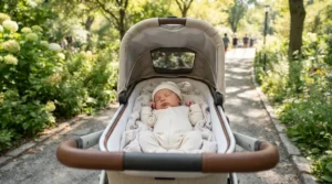 Newborn baby lying flat in a pushchair suitable from birth to 4 years during a park walk