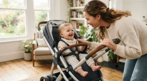Baby looking at parent in a reversible seat on a pushchair suitable from birth to 4 years
