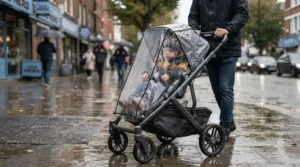 Clear weather shield attached to a pushchair suitable from birth to 4 years on a rainy day