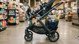Large storage basket loaded with shopping under a pushchair suitable from birth to 4 years