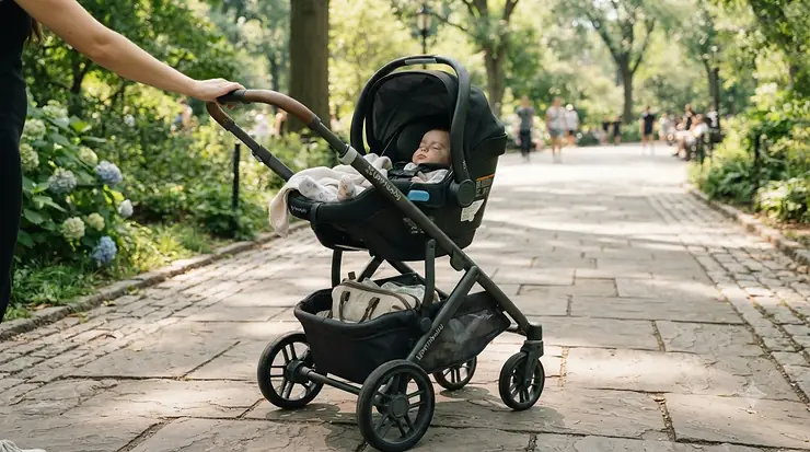 Infant carrier car seat attached to a pushchair suitable from birth to 4 years chassis