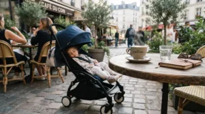 A pushchair under £100 parked neatly beside a small British high street cafe table
