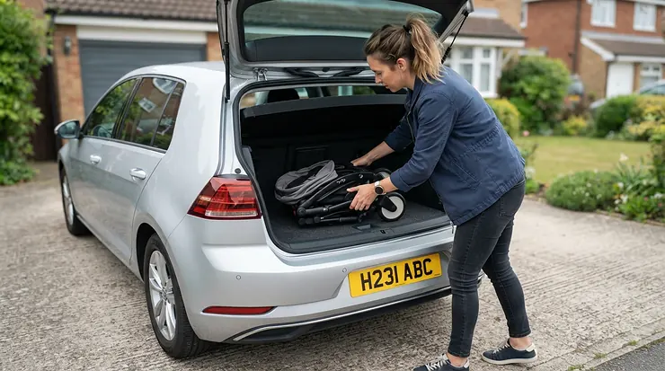 Lifting a folded pushchair under £100 into the boot of a small hatchback car