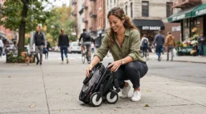 A parent folding a pushchair under £100 easily on a busy London pavement