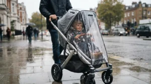 Using a clear rain cover on a pushchair under £100 during a sudden downpour
