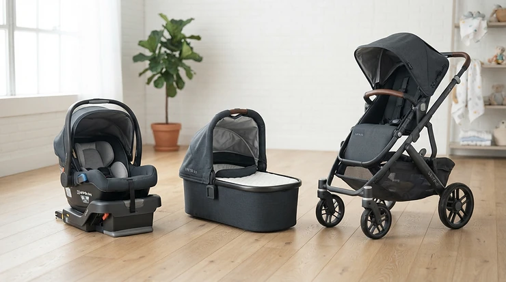 All components of a budget pushchair with car seat under £300 set neatly displayed together