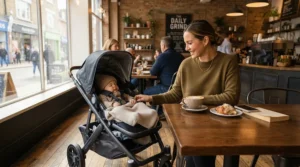 A compact pushchair with car seat under £300 parked neatly beside a table in a local café