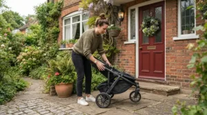 Demonstrating the compact fold of a pushchair with car seat under £300 outside a terraced house