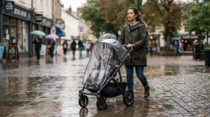 A pushchair with car seat under £300 fitted with a clear rain cover on a rainy day