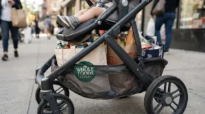The spacious under-seat basket of a pushchair with car seat under £300 filled with grocery bags