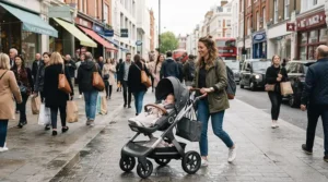 A complete pushchair with car seat under £300 bundle being used on a busy British high street pavement