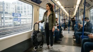 A commuter holding a lightweight second pushchair under £100 on a busy town bus