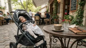 A sleeping toddler in a second pushchair under £100 parked beside a coffee shop table