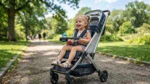 A toddler sitting comfortably in a second pushchair under £100 during a sunny walk in a local park