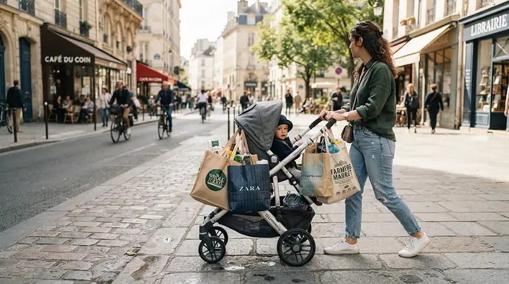 A parent navigating a busy high street with a second pushchair under £100 loaded with shopping bags
