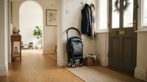 A compact second pushchair under £100 folded neatly in a narrow hallway