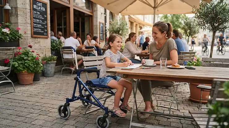 Resting at an outdoor cafe terrace table with a compact stroller for special needs older child safely parked.