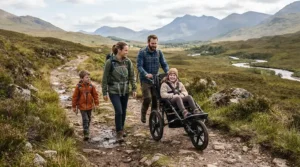 An outdoor family excursion across uneven terrain utilizing a robust stroller for special needs older child.