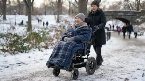 A winter outing showcasing a thermal lined footmuff fitted to a stroller for special needs older child.