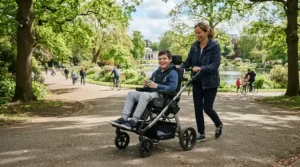 A parent pushing a stroller for special needs older child along a paved path in a public park on a sunny afternoon.