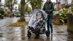 Using a clear weather shield on a stroller for special needs older child during a light autumn shower.