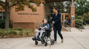A morning school run scene featuring a parent and child using a stroller for special needs older child.