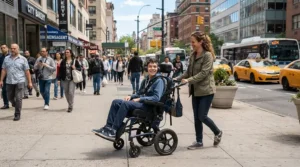 Navigating a busy high street pavement with a stroller for special needs older child during a weekend shopping trip.
