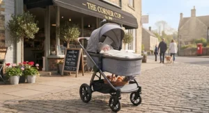 A chic grey best carrycot pushchair parked outside a local British cafe on a sunny morning