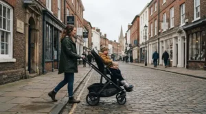 In-line tandem pram for newborn twins navigating a historic British cobbled high street