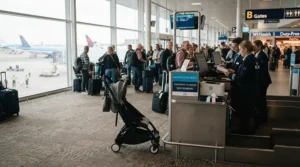 Preparing for aircraft boarding with a foldable travel stroller under £100 at the gate