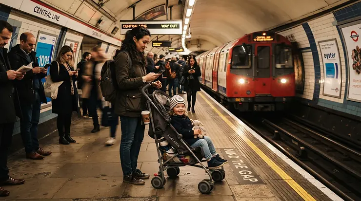 Commuting through a busy underground station using a compact travel stroller under £100